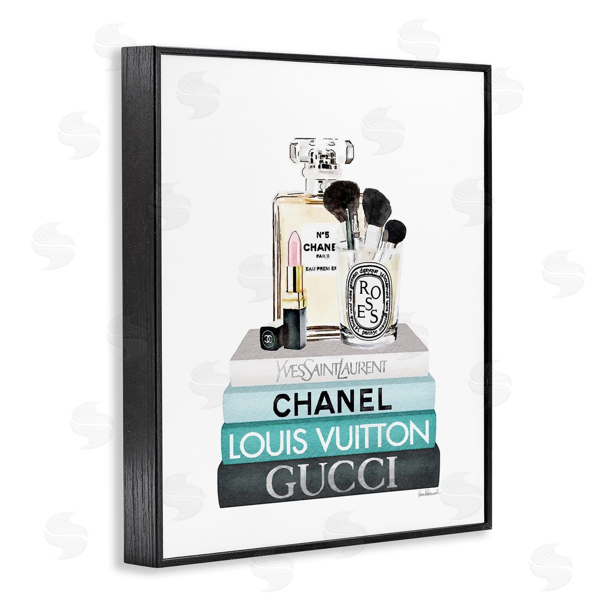Cosmetics on Turquoise Books Black Frame Print Wall Art, Home Decor by Amanda Greenwood