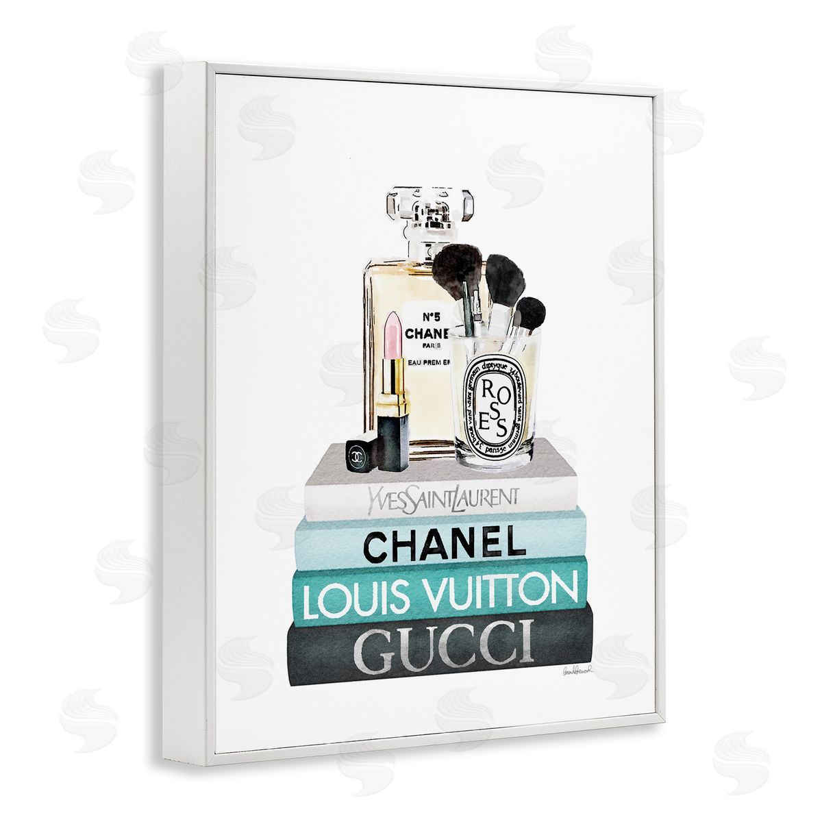 Cosmetics on Turquoise Books White Frame Print Wall Art, Home Decor by Amanda Greenwood
