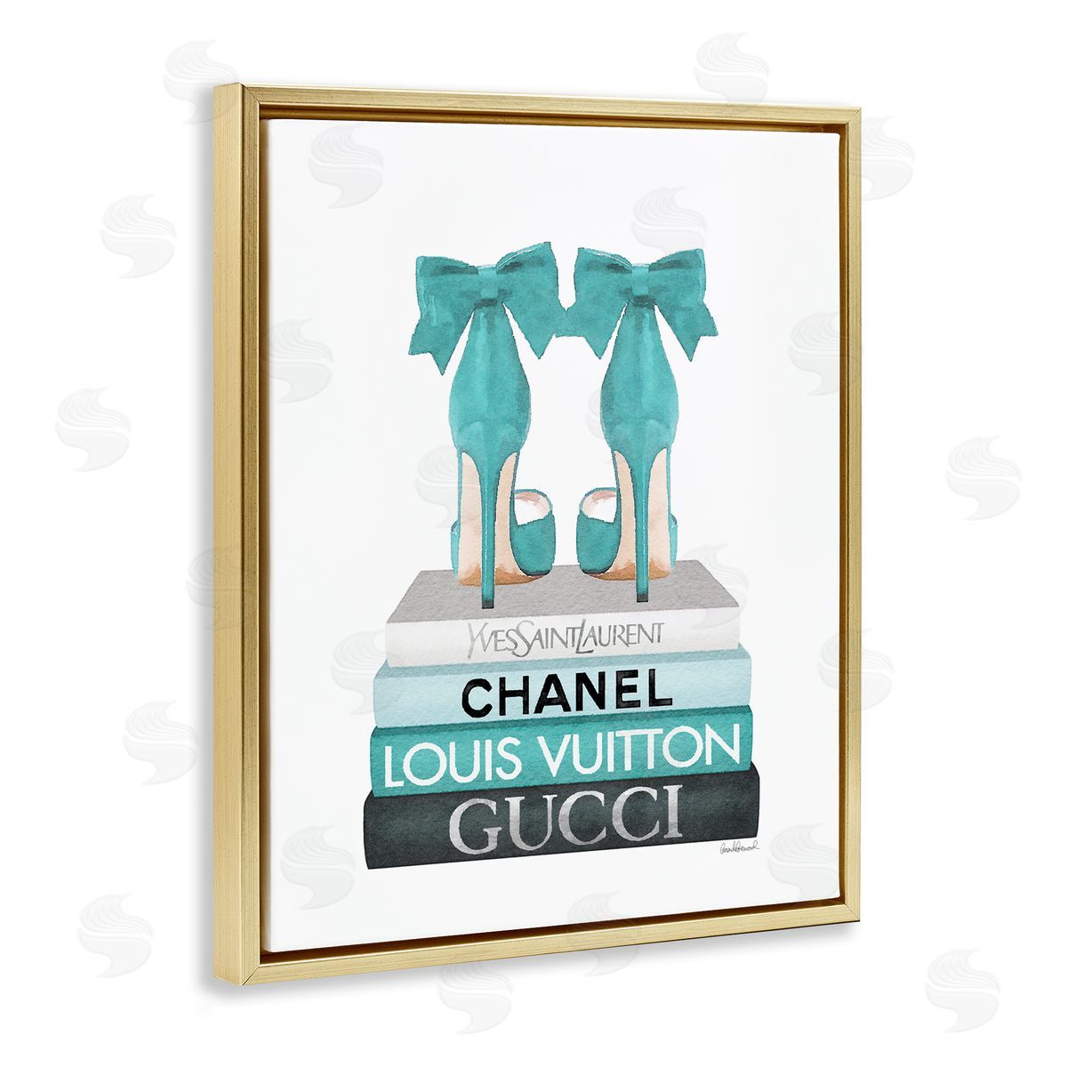 Turquoise Bow Heels on Books Gold Floating Frame Canvas Wall Art, Home Decor by Amanda Greenwood