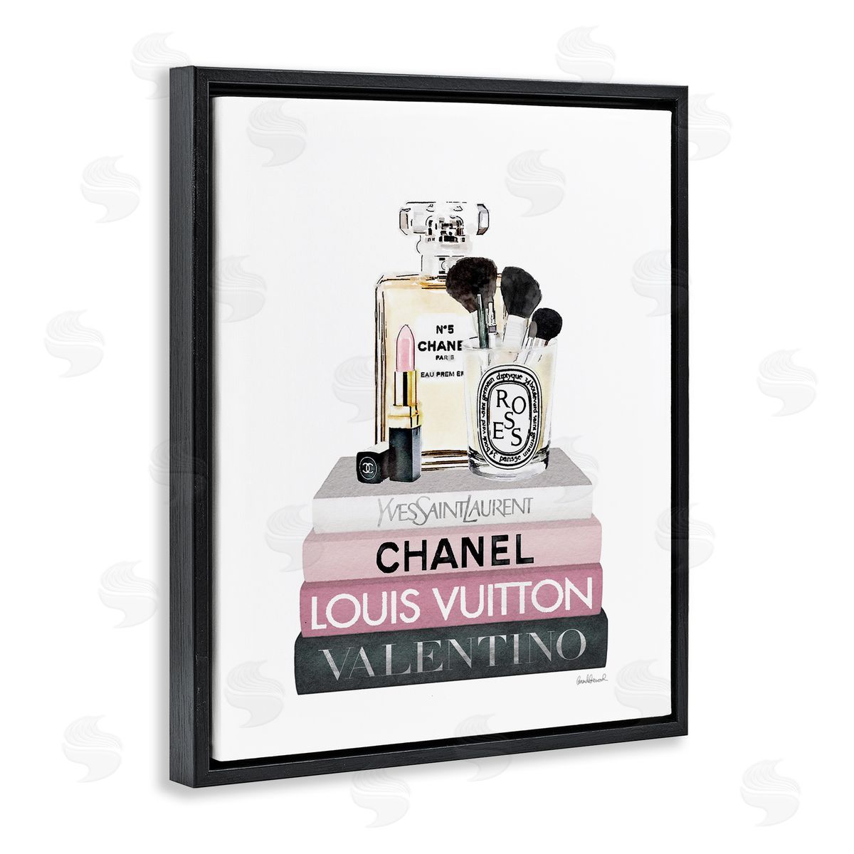 Cosmetics on Pink Books Black Floating Frame Canvas Wall Art, Home Decor by Amanda Greenwood