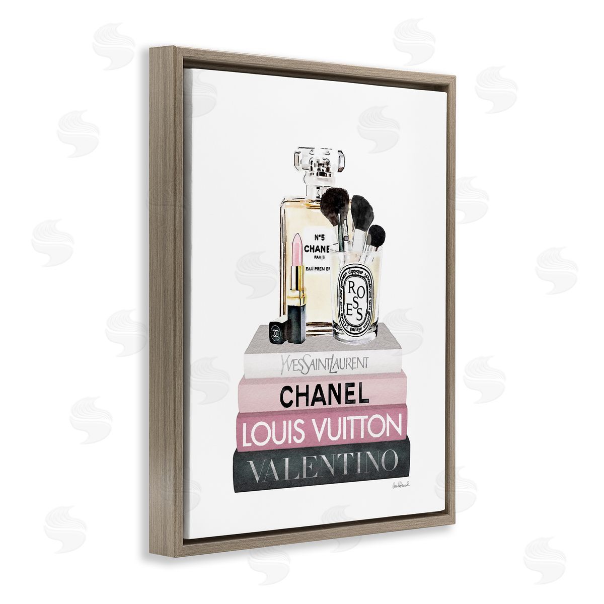 Cosmetics on Pink Books Brown Floating Frame Canvas Wall Art, Home Decor by Amanda Greenwood
