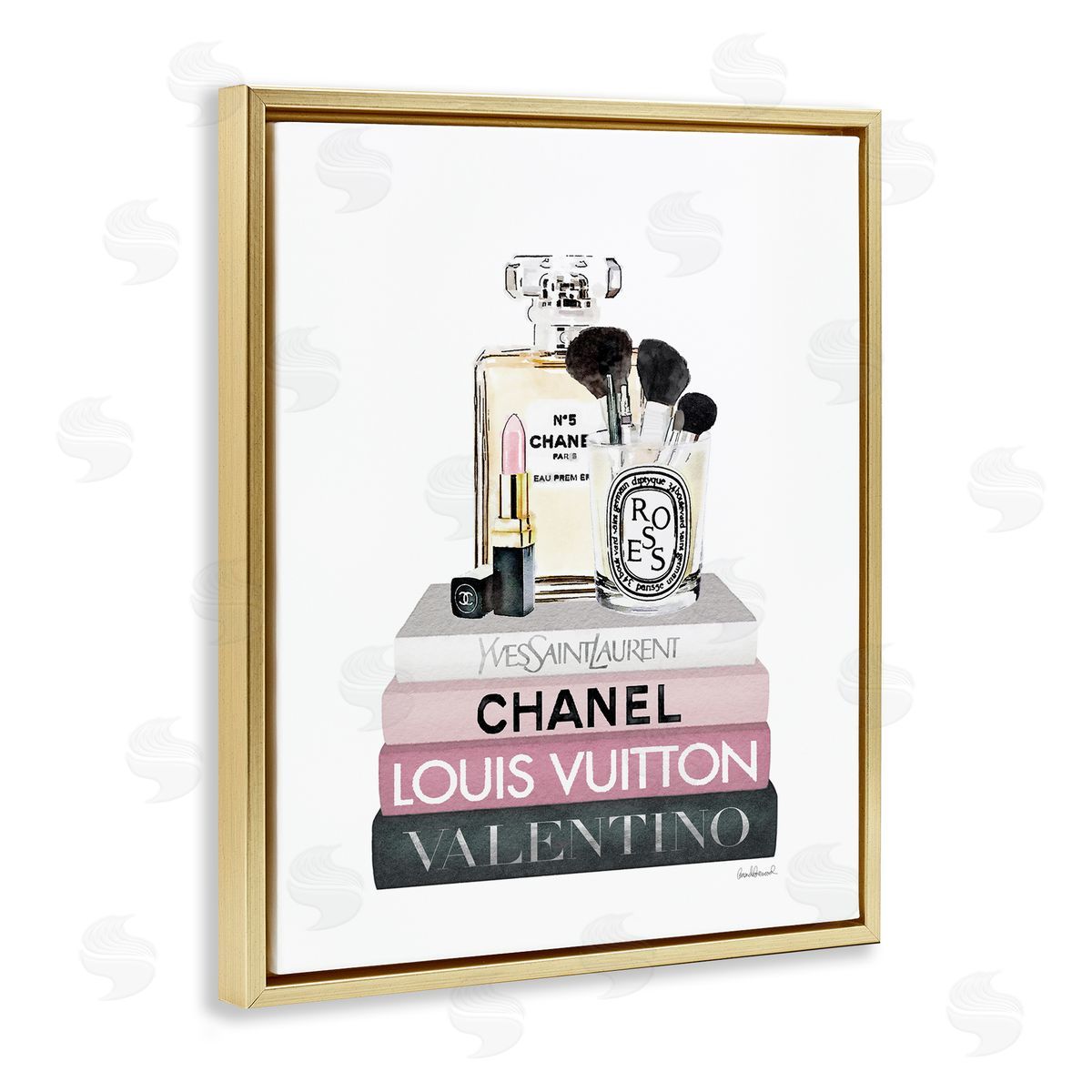 Cosmetics on Pink Books Gold Floating Frame Canvas Wall Art, Home Decor by Amanda Greenwood