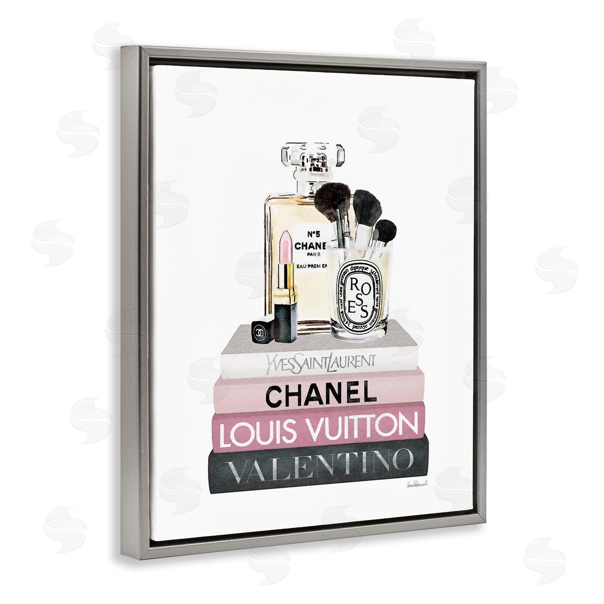 Cosmetics on Pink Books Grey Floating Frame Canvas Wall Art, Home Decor by Amanda Greenwood