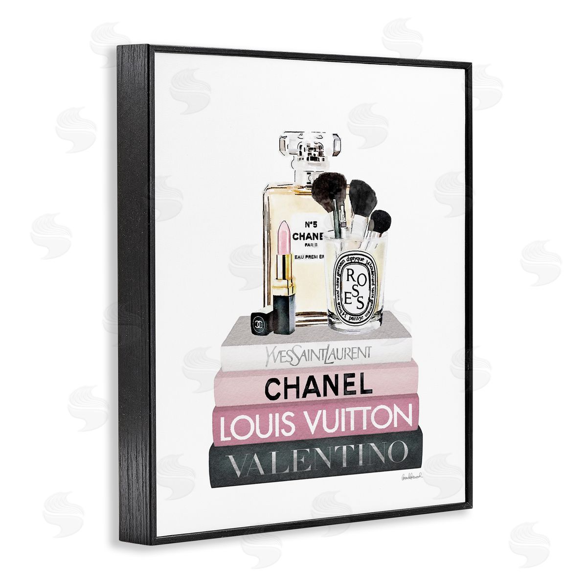 Cosmetics on Pink Books Black Frame Print Wall Art, Home Decor by Amanda Greenwood