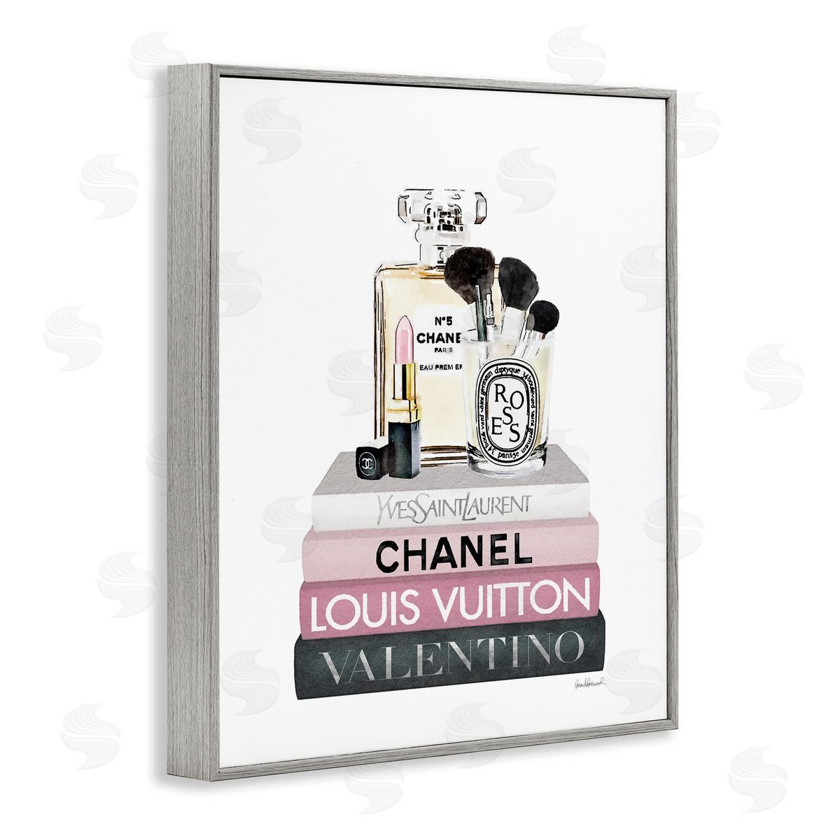 Cosmetics on Pink Books Grey Frame Print Wall Art, Home Decor by Amanda Greenwood
