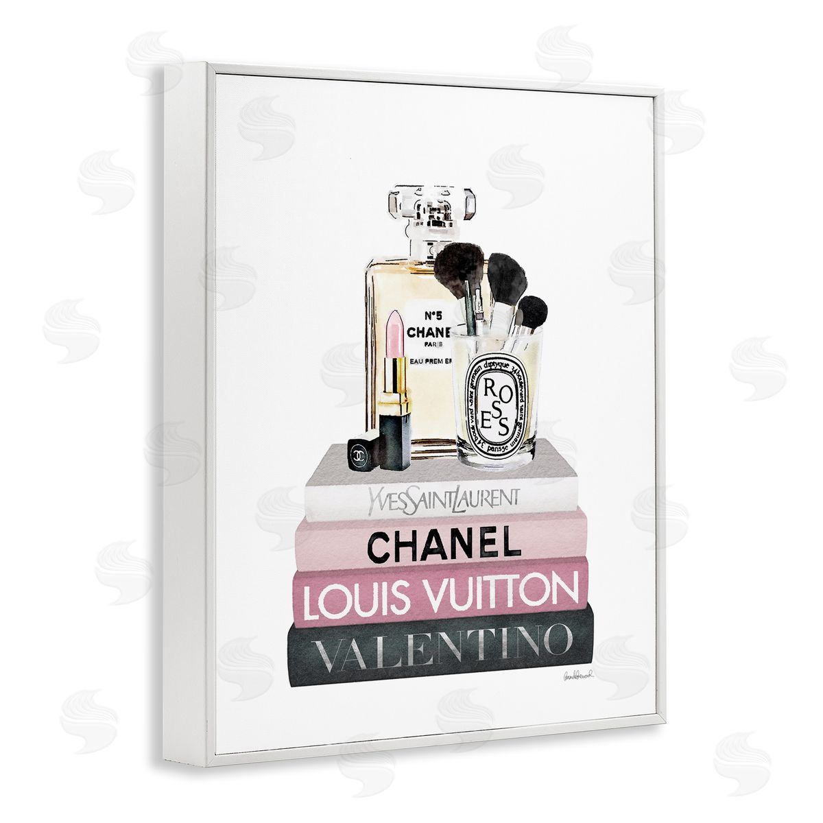 Cosmetics on Pink Books White Frame Print Wall Art, Home Decor by Amanda Greenwood