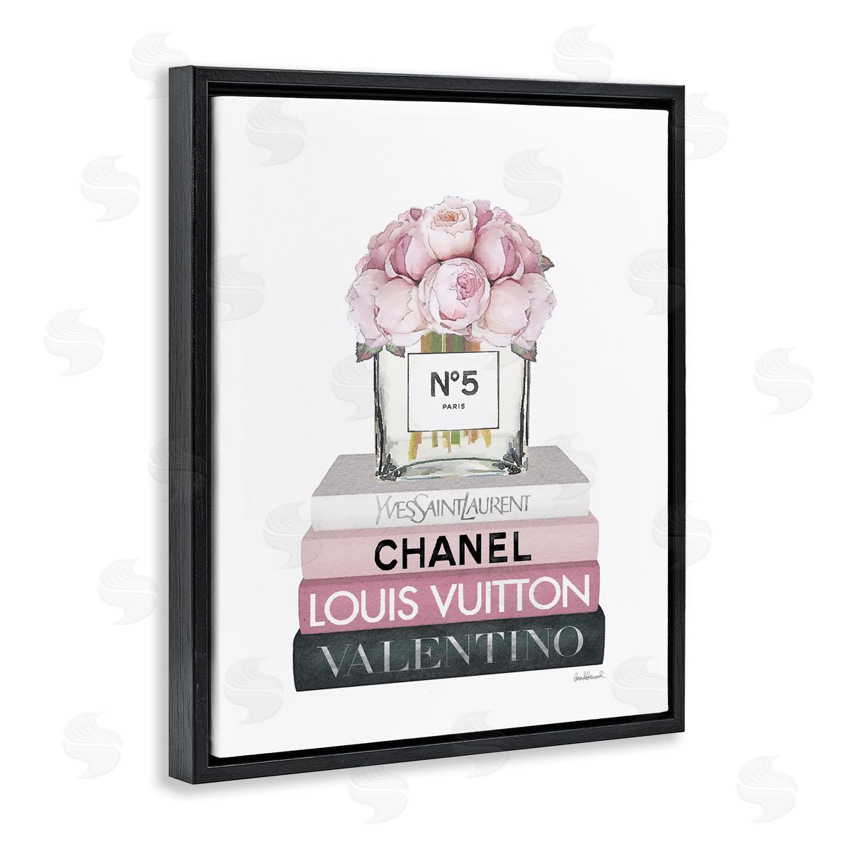 Pink Roses on Fashion Books Black Floating Frame Canvas Wall Art, Home Decor by Amanda Greenwood