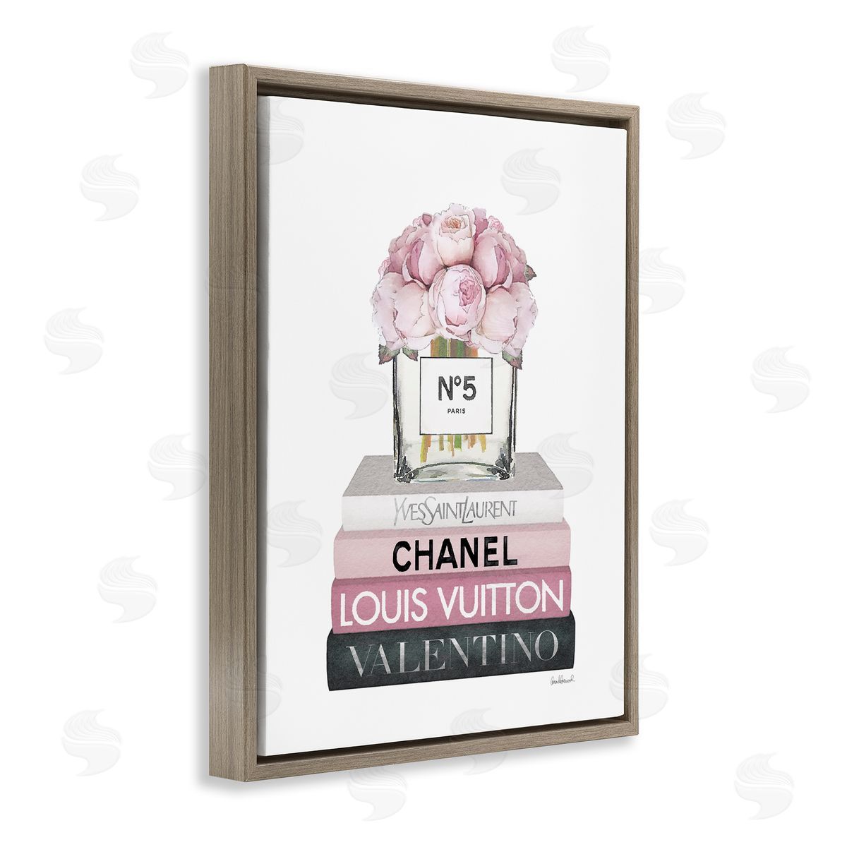 Pink Roses on Fashion Books Brown Floating Frame Canvas Wall Art, Home Decor by Amanda Greenwood