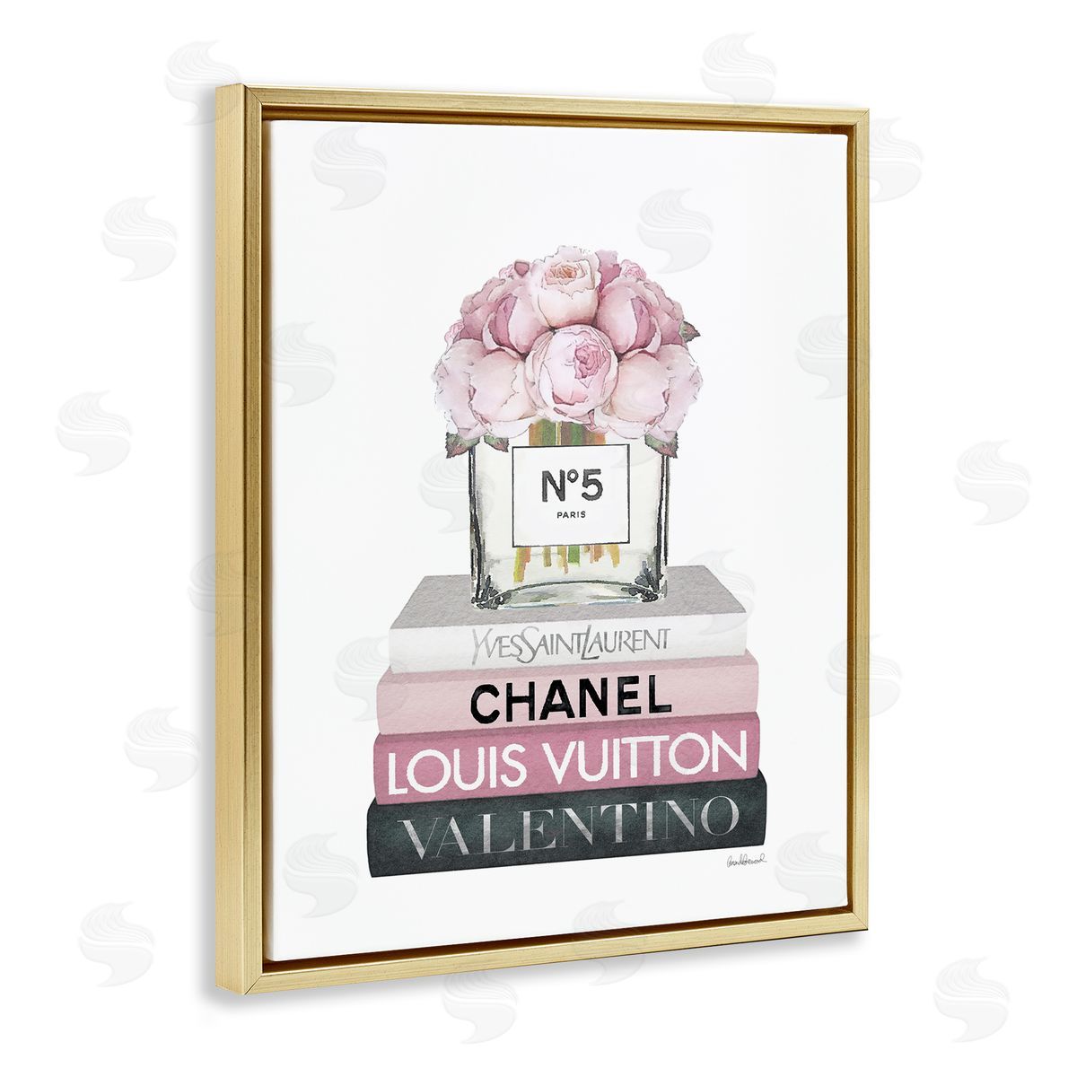 Pink Roses on Fashion Books Gold Floating Frame Canvas Wall Art, Home Decor by Amanda Greenwood