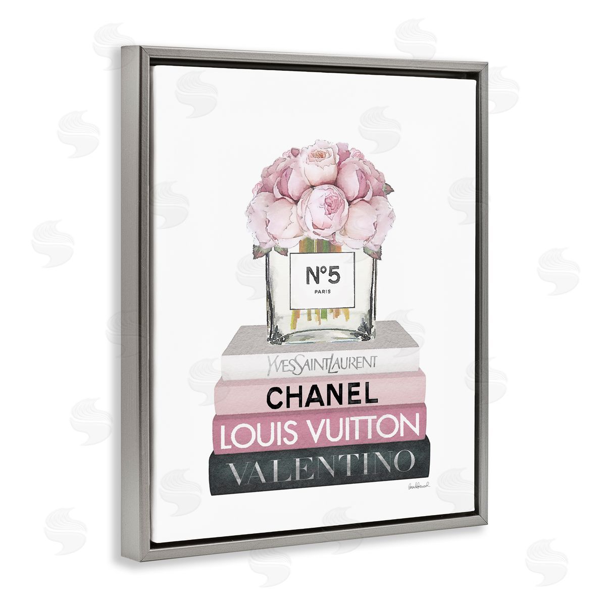 Pink Roses on Fashion Books Grey Floating Frame Canvas Wall Art, Home Decor by Amanda Greenwood