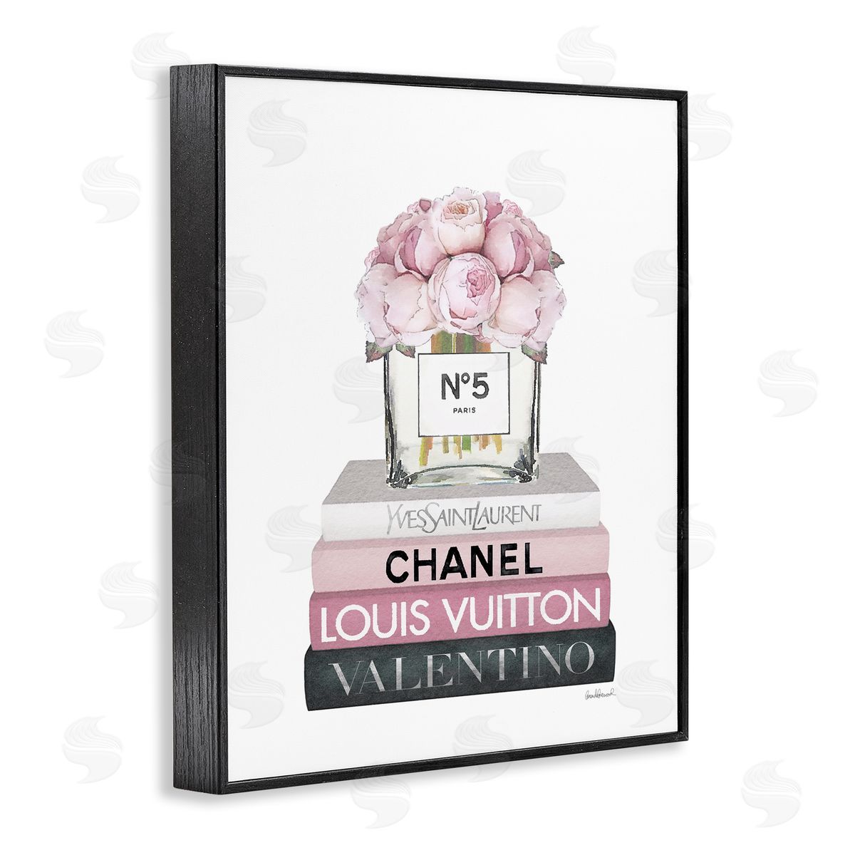 Pink Roses on Fashion Books Black Frame Print Wall Art, Home Decor by Amanda Greenwood