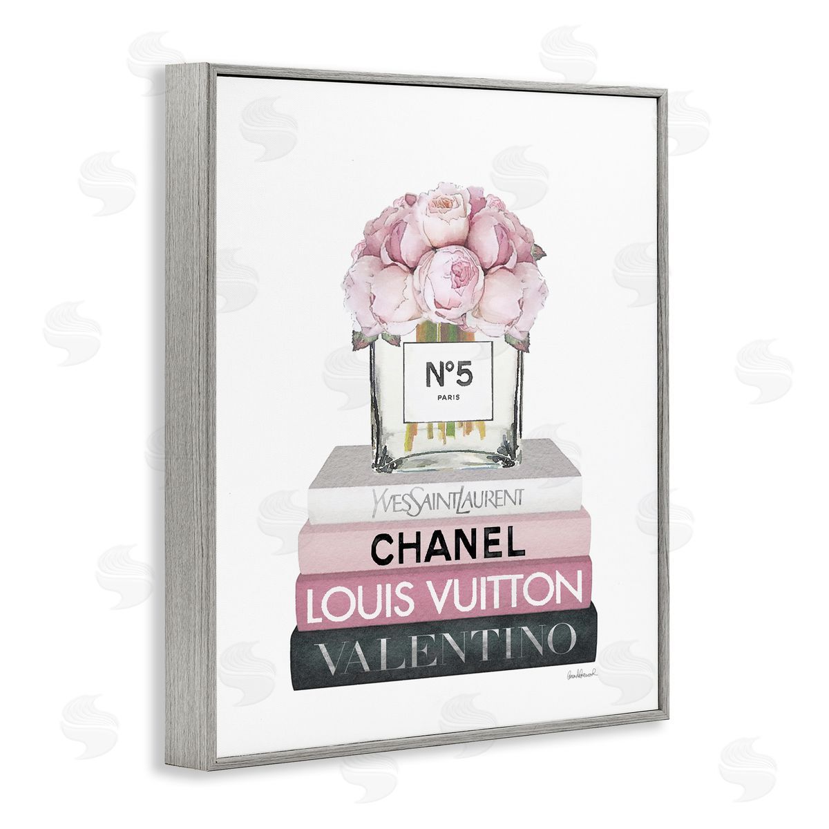 Pink Roses on Fashion Books Grey Frame Print Wall Art, Home Decor by Amanda Greenwood