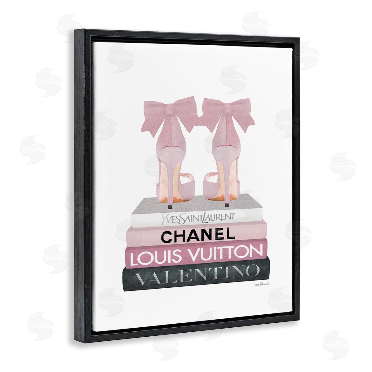Pink Bow Heals on Fashion Books Black Floating Frame Canvas Wall Art, Home Decor by Amanda Greenwood