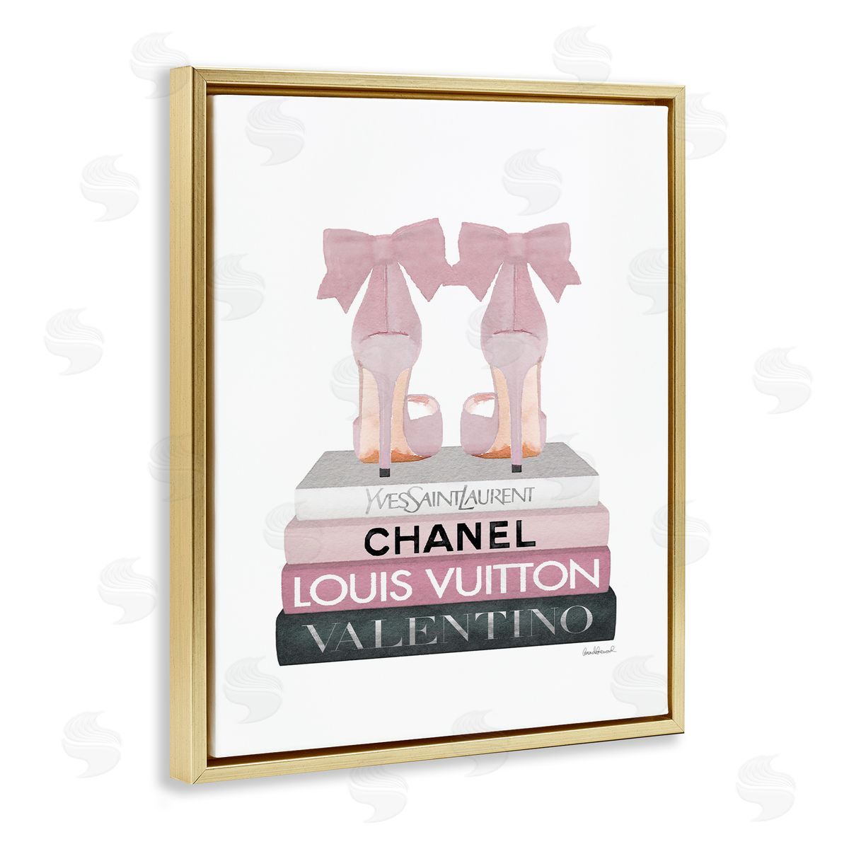 Pink Bow Heals on Fashion Books Gold Floating Frame Canvas Wall Art, Home Decor by Amanda Greenwood