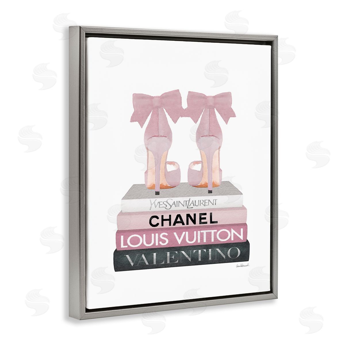 Pink Bow Heals on Fashion Books Grey Floating Frame Canvas Wall Art, Home Decor by Amanda Greenwood