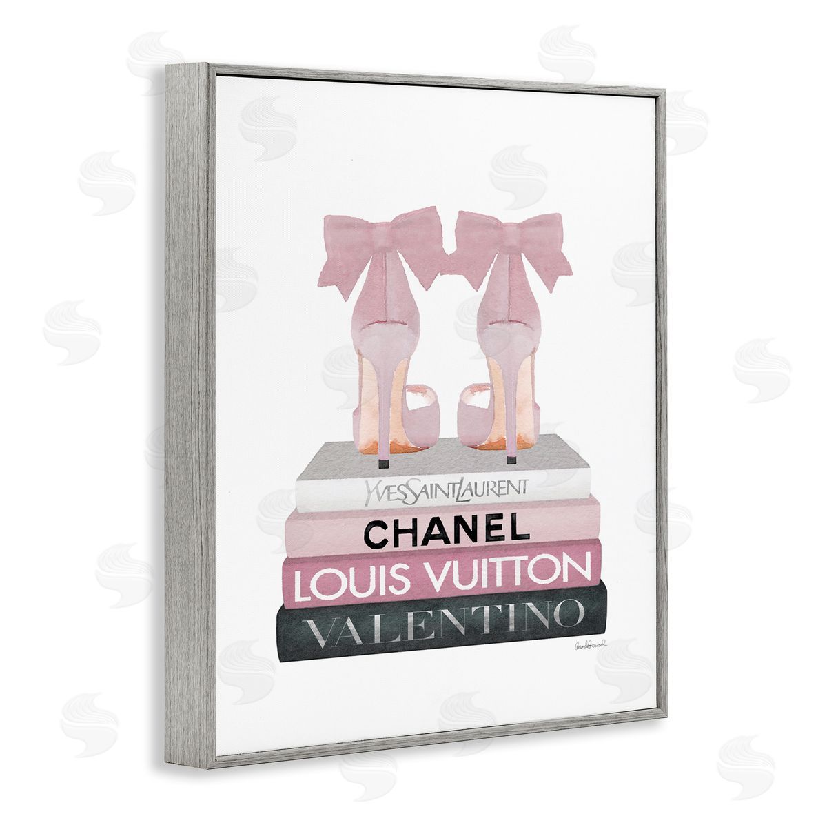 Pink Bow Heals on Fashion Books Grey Frame Print Wall Art, Home Decor by Amanda Greenwood