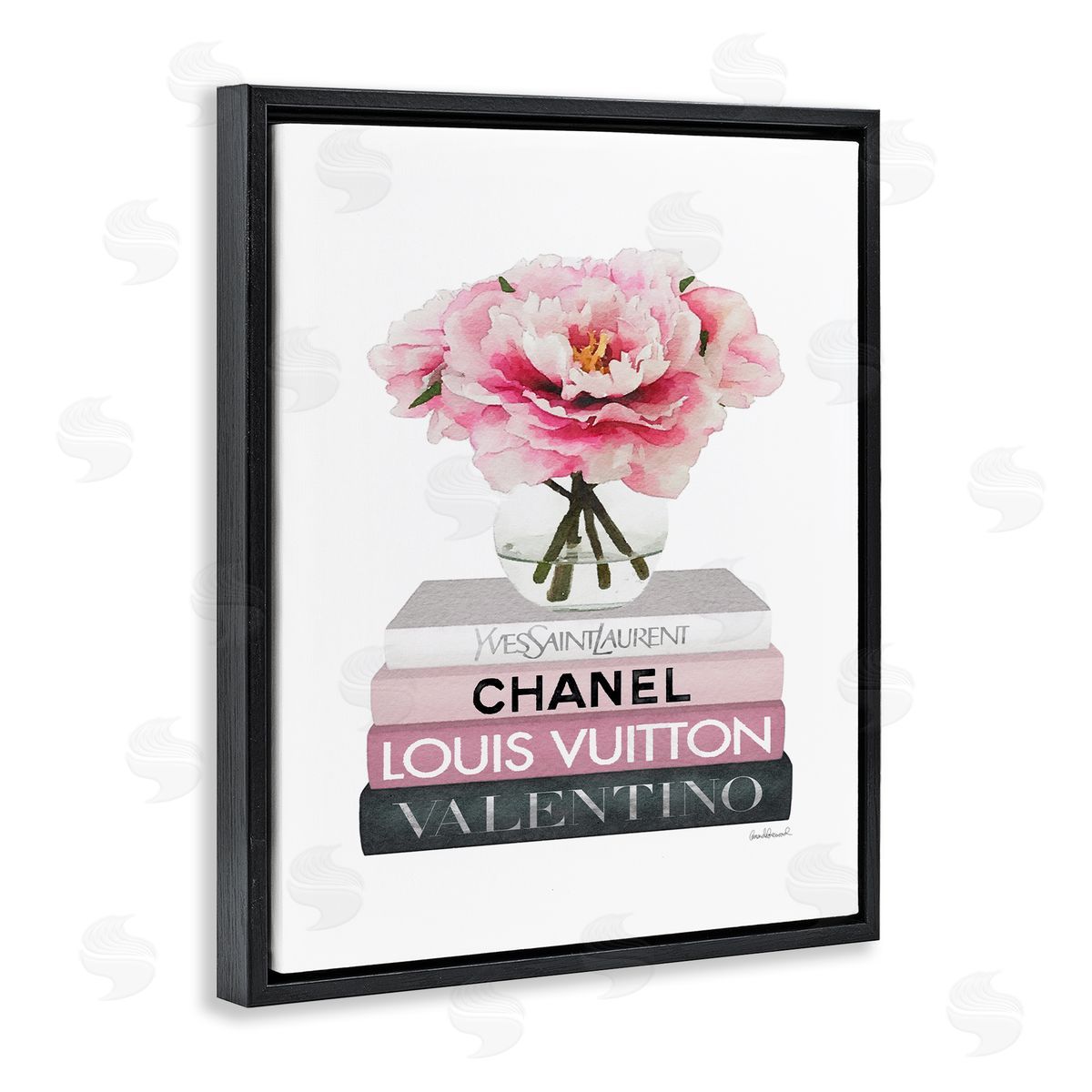 Pink Florals on Fashion Books Black Floating Frame Canvas Wall Art, Home Decor by Amanda Greenwood