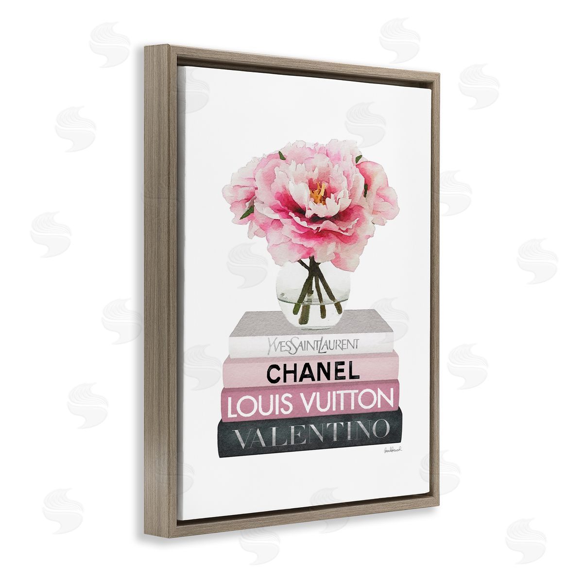Pink Florals on Fashion Books Brown Floating Frame Canvas Wall Art, Home Decor by Amanda Greenwood