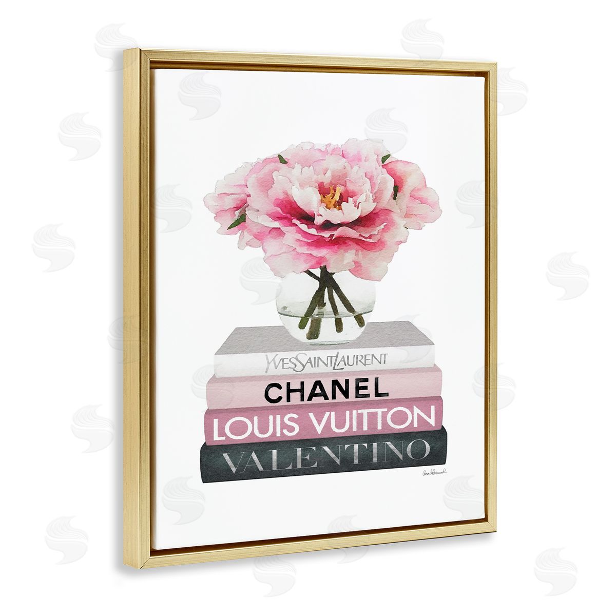 Pink Florals on Fashion Books Gold Floating Frame Canvas Wall Art, Home Decor by Amanda Greenwood