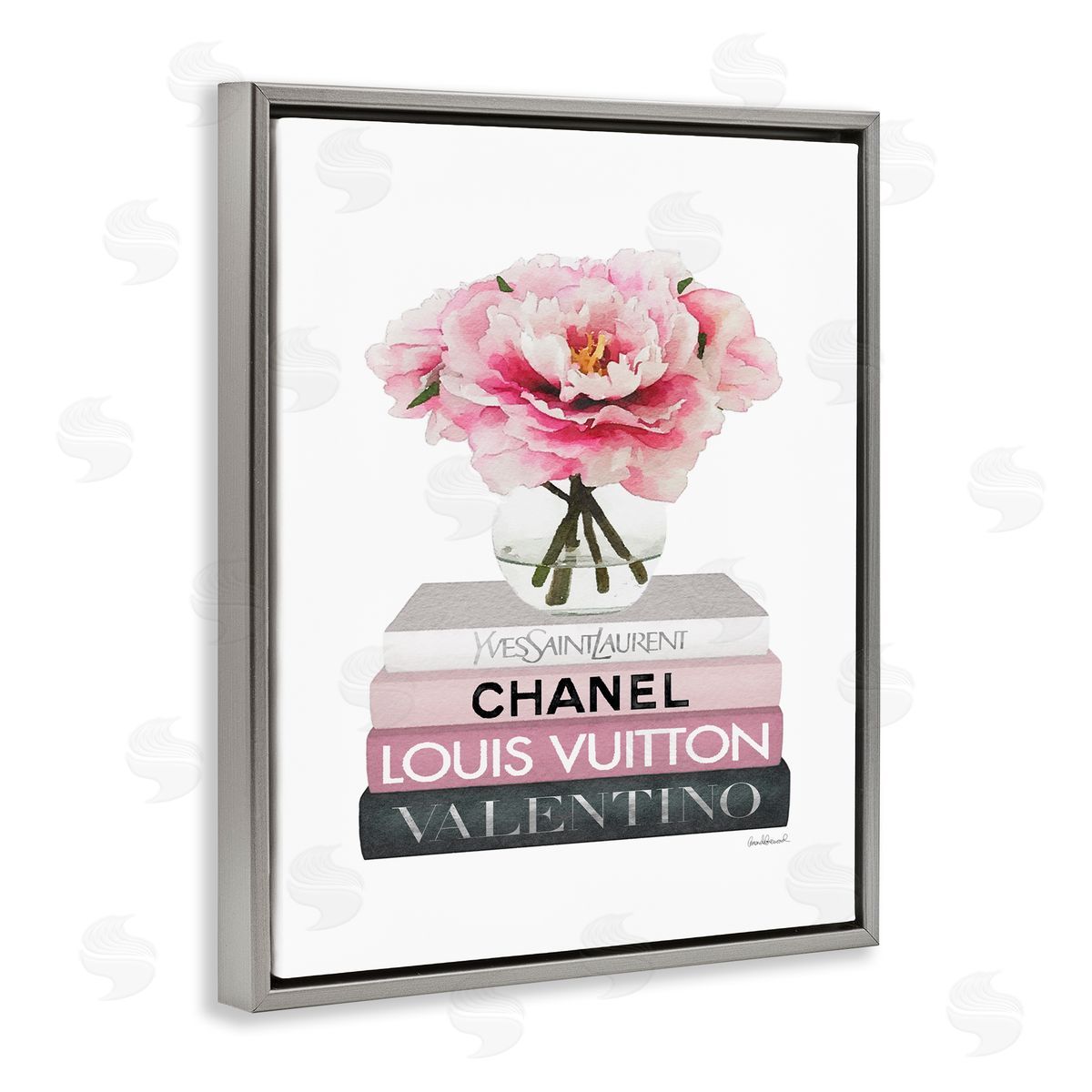 Pink Florals on Fashion Books Grey Floating Frame Canvas Wall Art, Home Decor by Amanda Greenwood