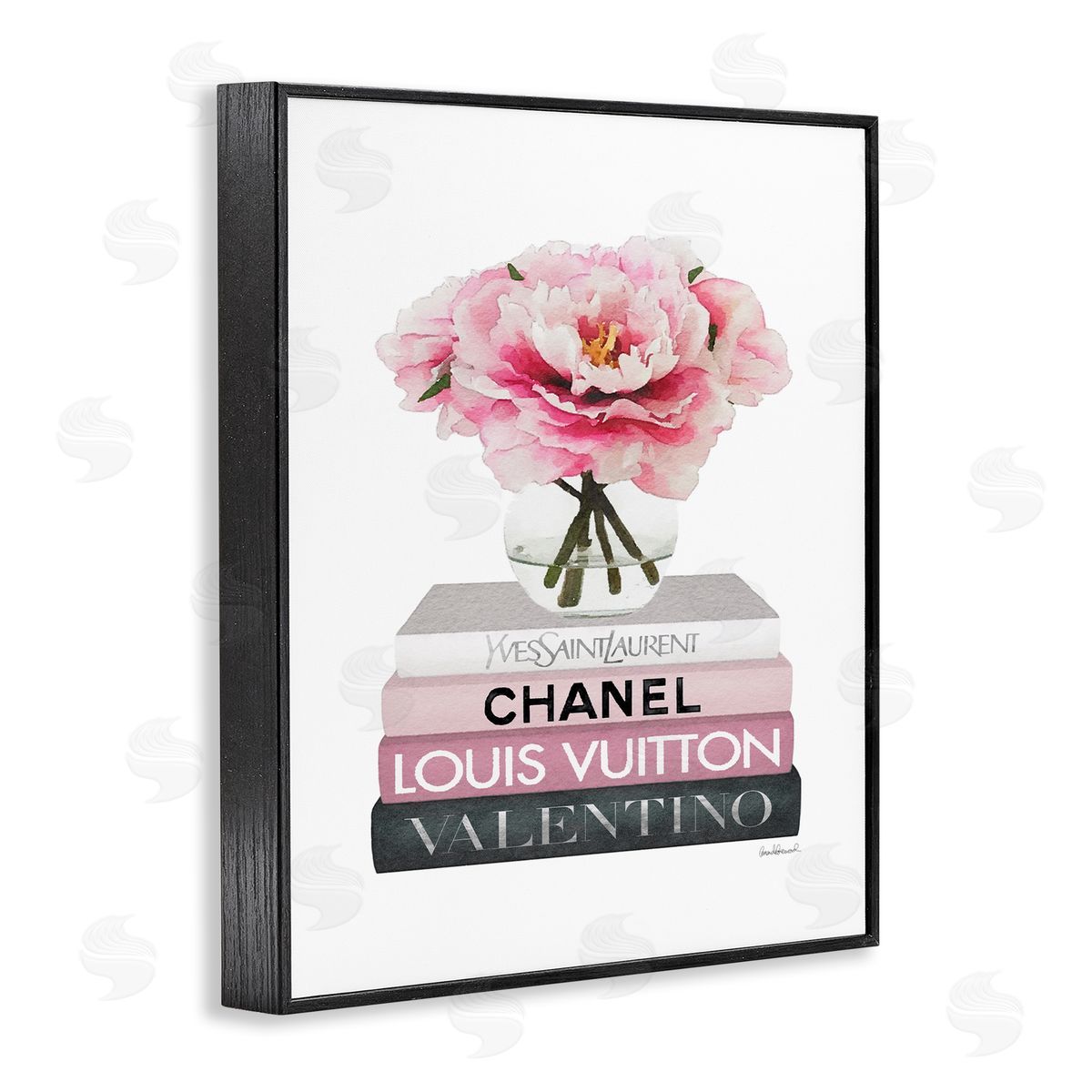 Pink Florals on Fashion Books Black Frame Print Wall Art, Home Decor by Amanda Greenwood