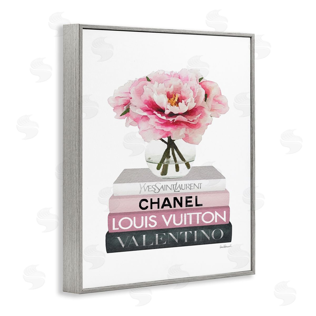 Pink Florals on Fashion Books Grey Frame Print Wall Art, Home Decor by Amanda Greenwood
