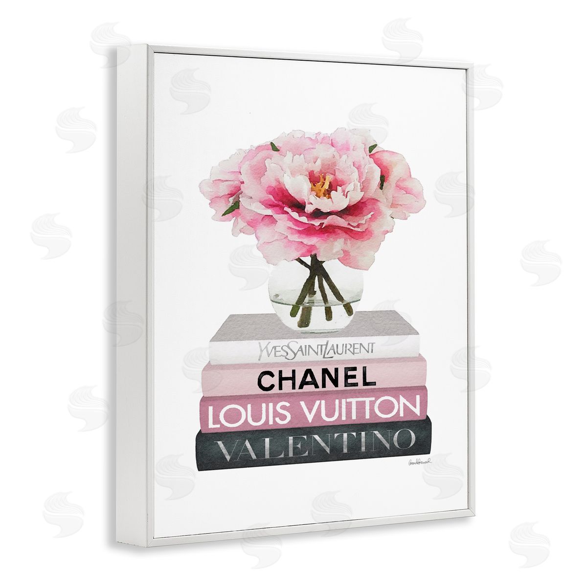 Pink Florals on Fashion Books White Frame Print Wall Art, Home Decor by Amanda Greenwood