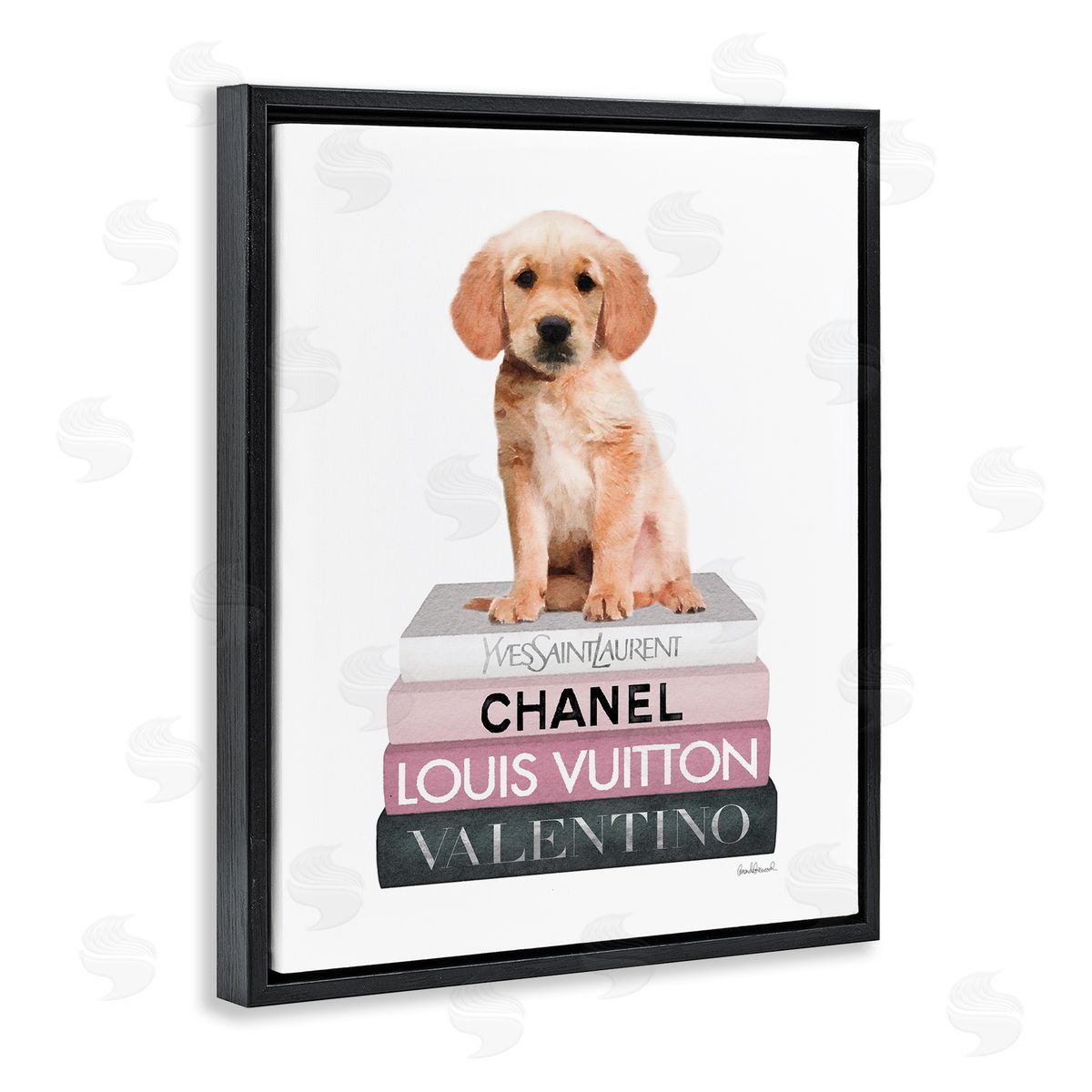 Adorable Puppy on Pink Books Black Floating Frame Canvas Wall Art, Home Decor by Amanda Greenwood
