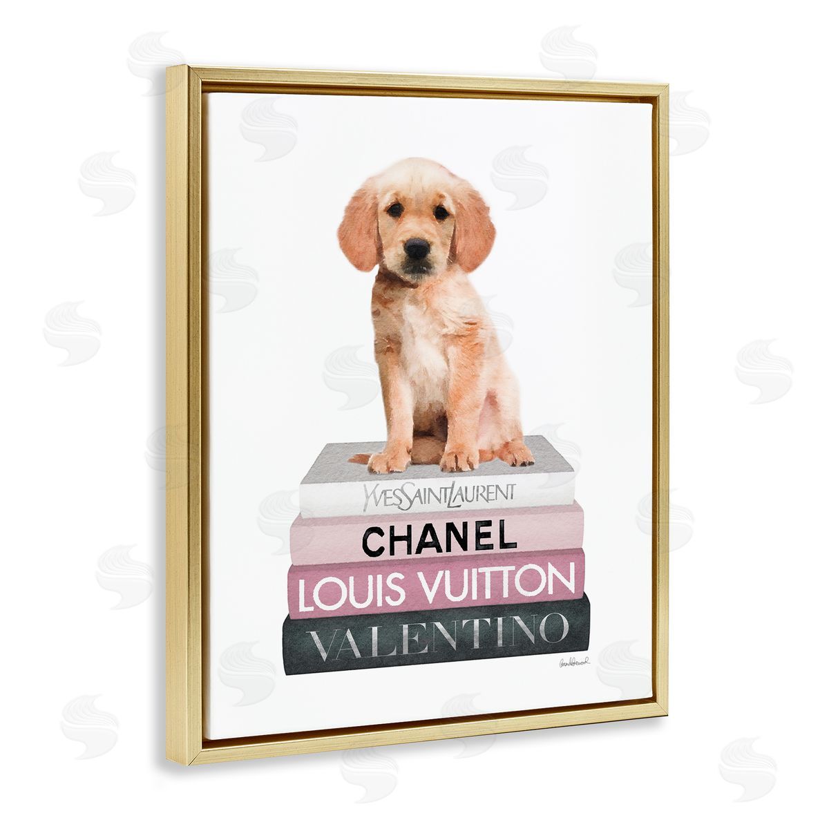 Adorable Puppy on Pink Books Gold Floating Frame Canvas Wall Art, Home Decor by Amanda Greenwood
