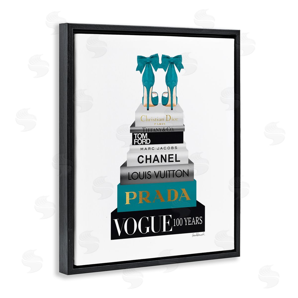 Turquoise Heels on Bookstack Black Floating Frame Canvas Wall Art, Home Decor by Amanda Greenwood