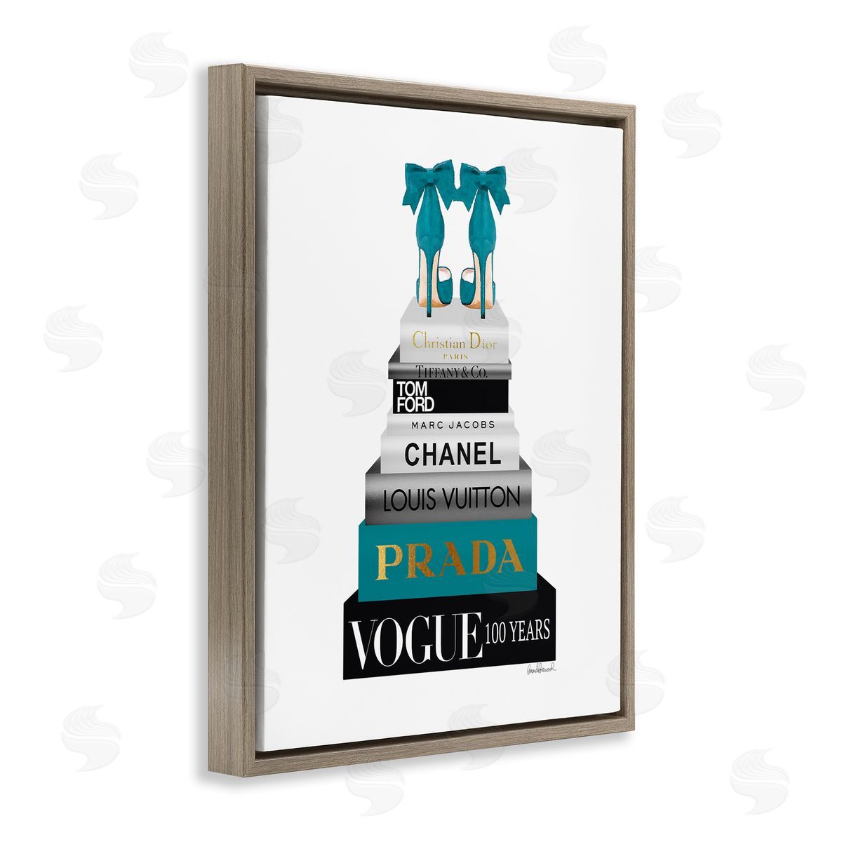 Turquoise Heels on Bookstack Brown Floating Frame Canvas Wall Art, Home Decor by Amanda Greenwood