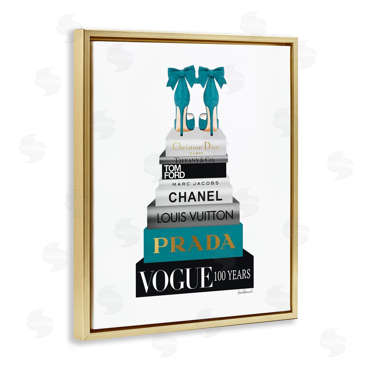 Turquoise Heels on Bookstack Gold Floating Frame Canvas Wall Art, Home Decor by Amanda Greenwood