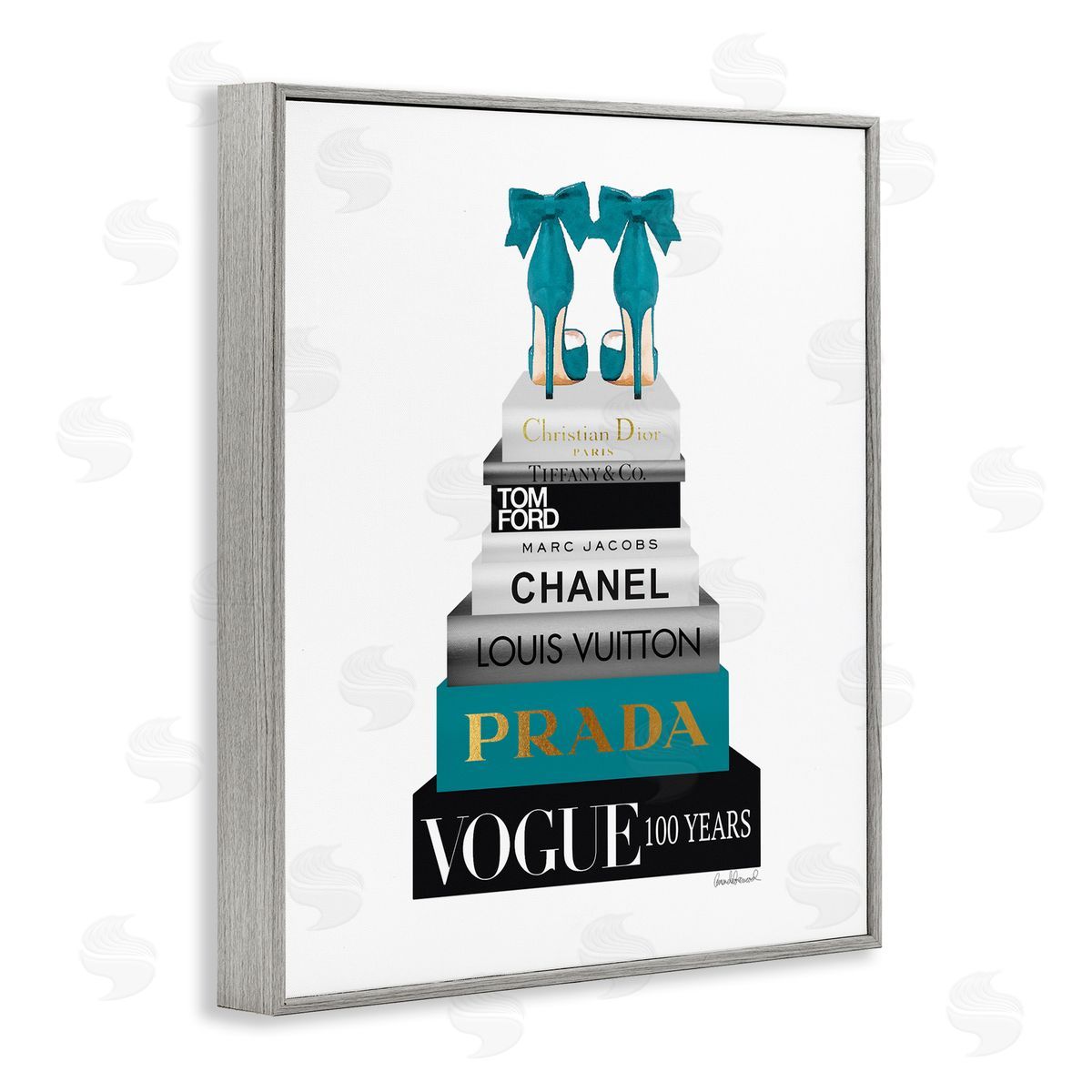Turquoise Heels on Bookstack Grey Frame Print Wall Art, Home Decor by Amanda Greenwood