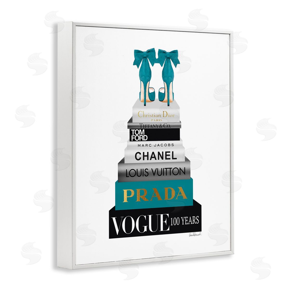 Turquoise Heels on Bookstack White Frame Print Wall Art, Home Decor by Amanda Greenwood