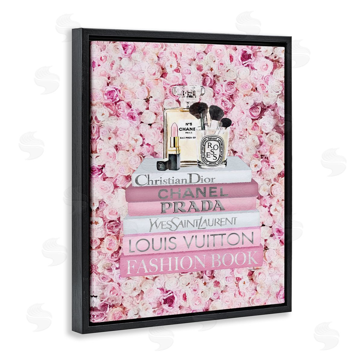 Fashion Bookstack over Pink Roses Black Floating Frame Canvas Wall Art, Home Decor by Amanda Greenwood