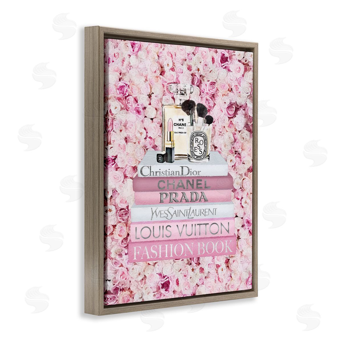 Fashion Bookstack over Pink Roses Brown Floating Frame Canvas Wall Art, Home Decor by Amanda Greenwood