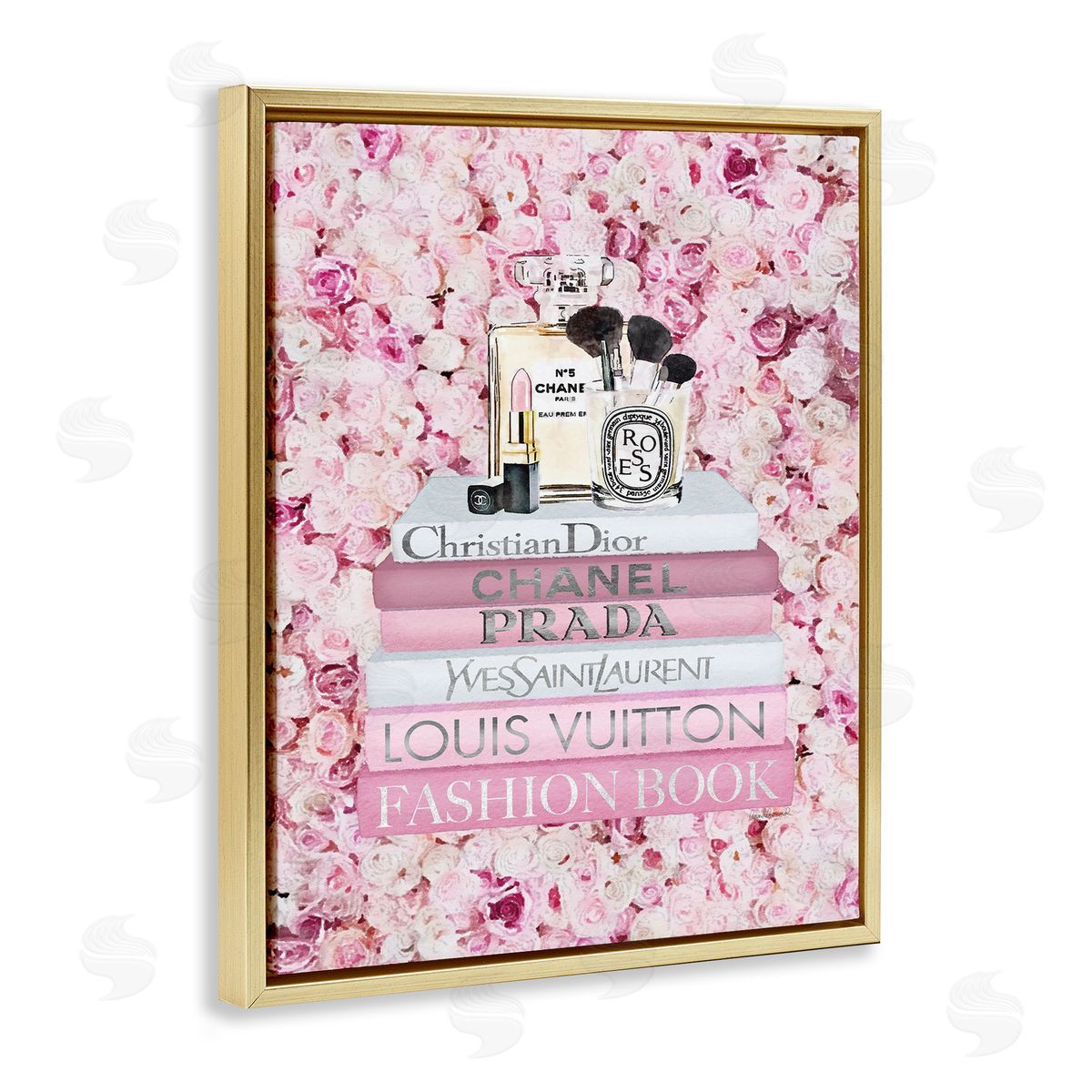 Fashion Bookstack over Pink Roses Gold Floating Frame Canvas Wall Art, Home Decor by Amanda Greenwood