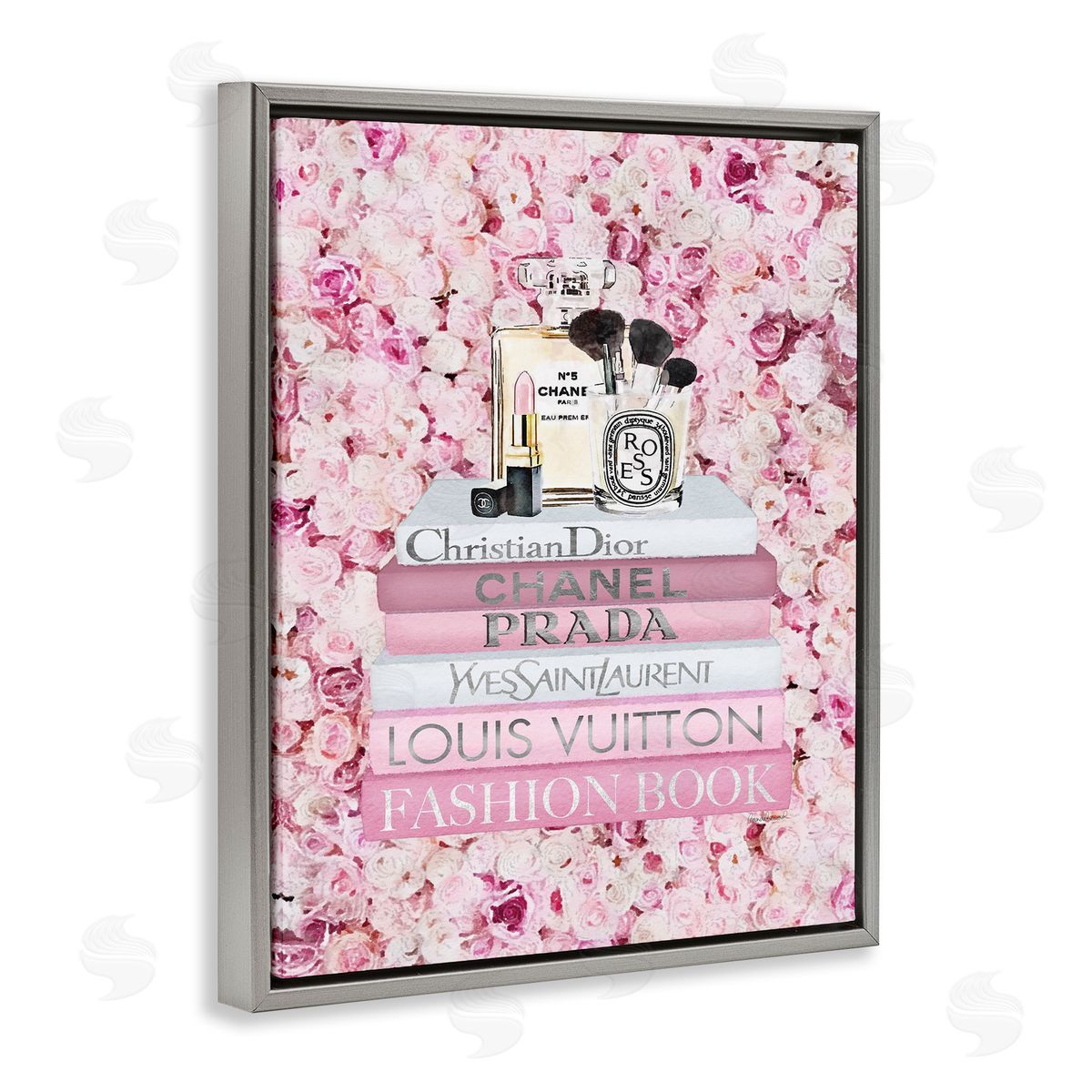 Fashion Bookstack over Pink Roses Grey Floating Frame Canvas Wall Art, Home Decor by Amanda Greenwood