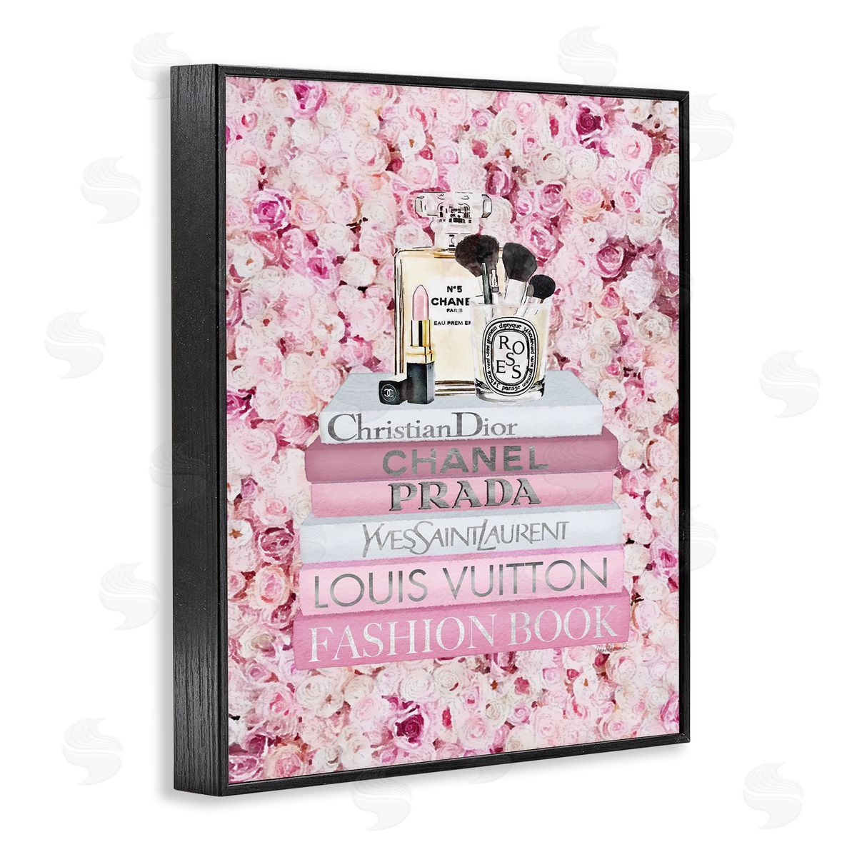 Fashion Bookstack over Pink Roses Black Frame Print Wall Art, Home Decor by Amanda Greenwood