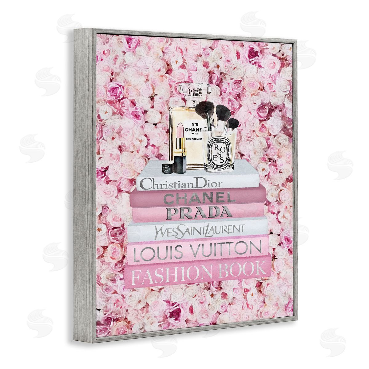 Fashion Bookstack over Pink Roses Grey Frame Print Wall Art, Home Decor by Amanda Greenwood