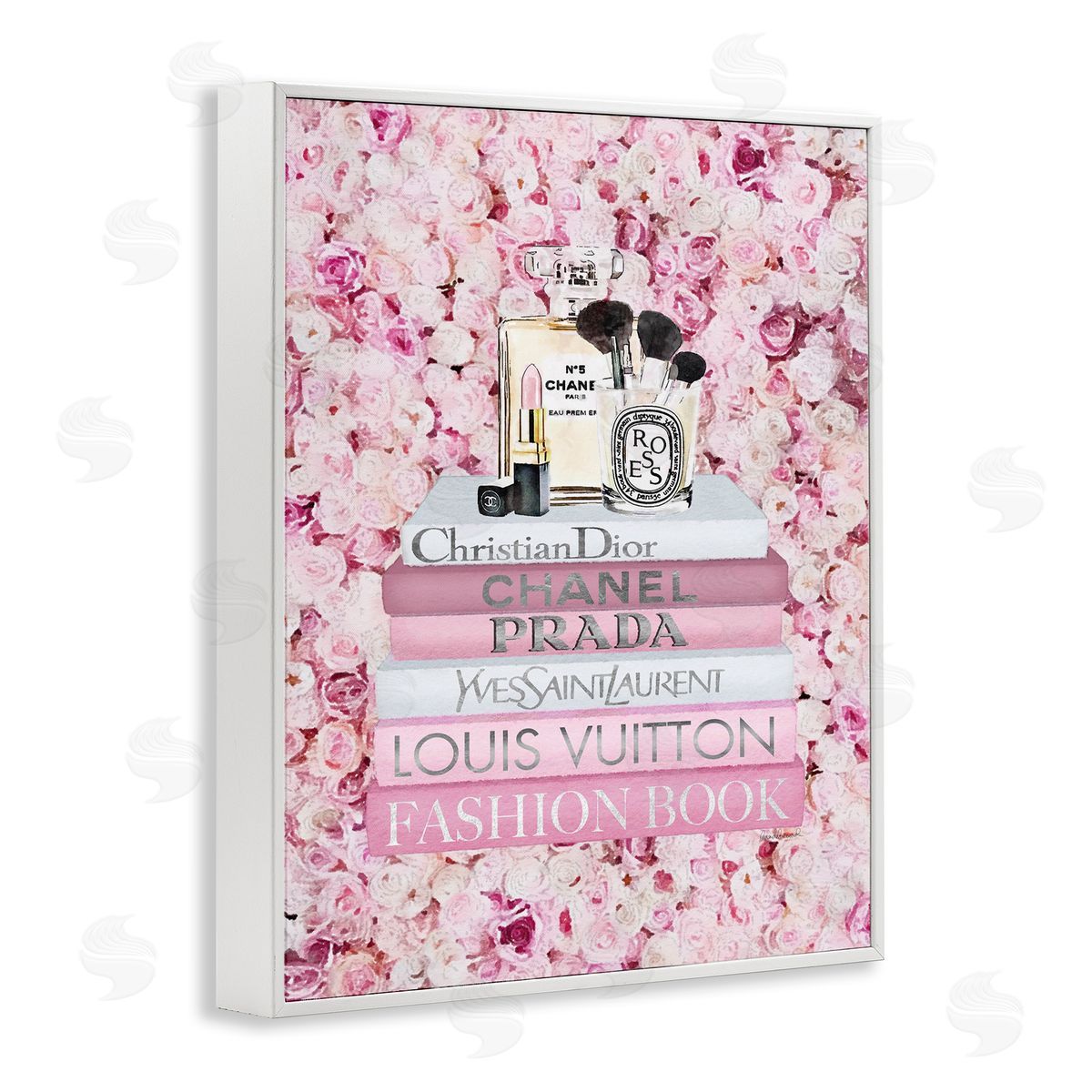 Fashion Bookstack over Pink Roses White Frame Print Wall Art, Home Decor by Amanda Greenwood