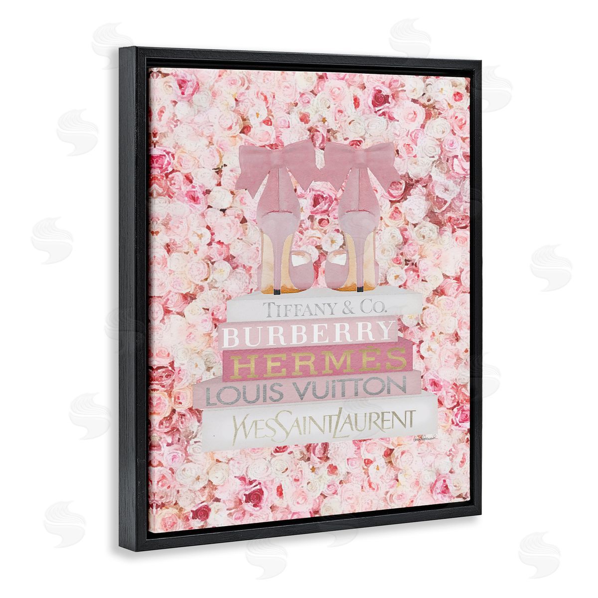 Pink Heel Bookstack over Roses Black Floating Frame Canvas Wall Art, Home Decor by Amanda Greenwood