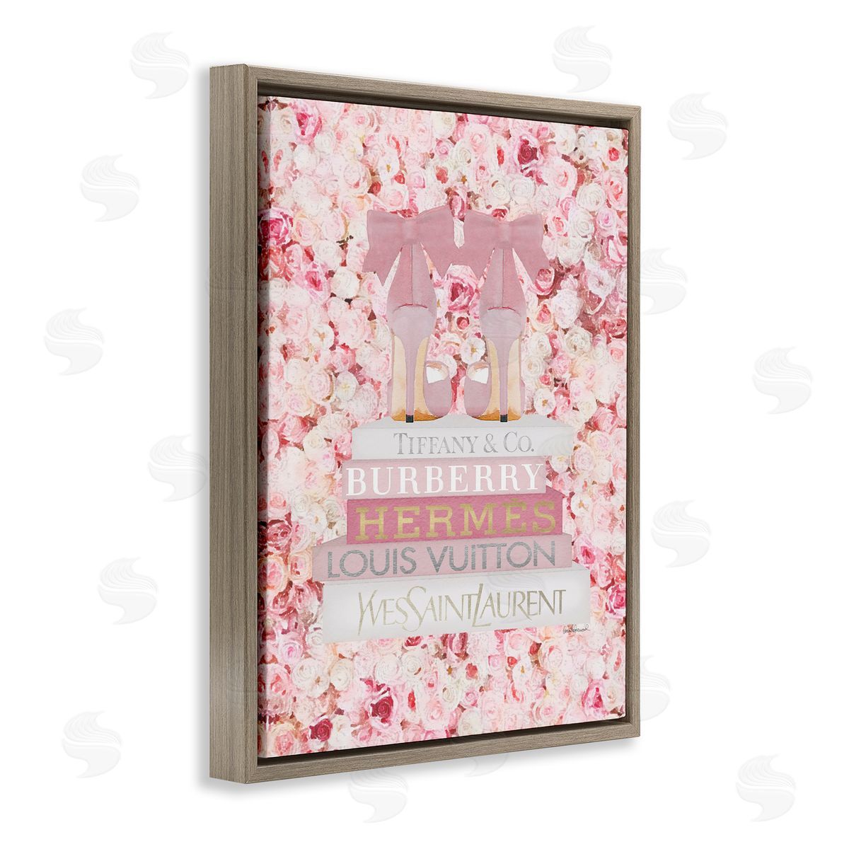 Pink Heel Bookstack over Roses Brown Floating Frame Canvas Wall Art, Home Decor by Amanda Greenwood