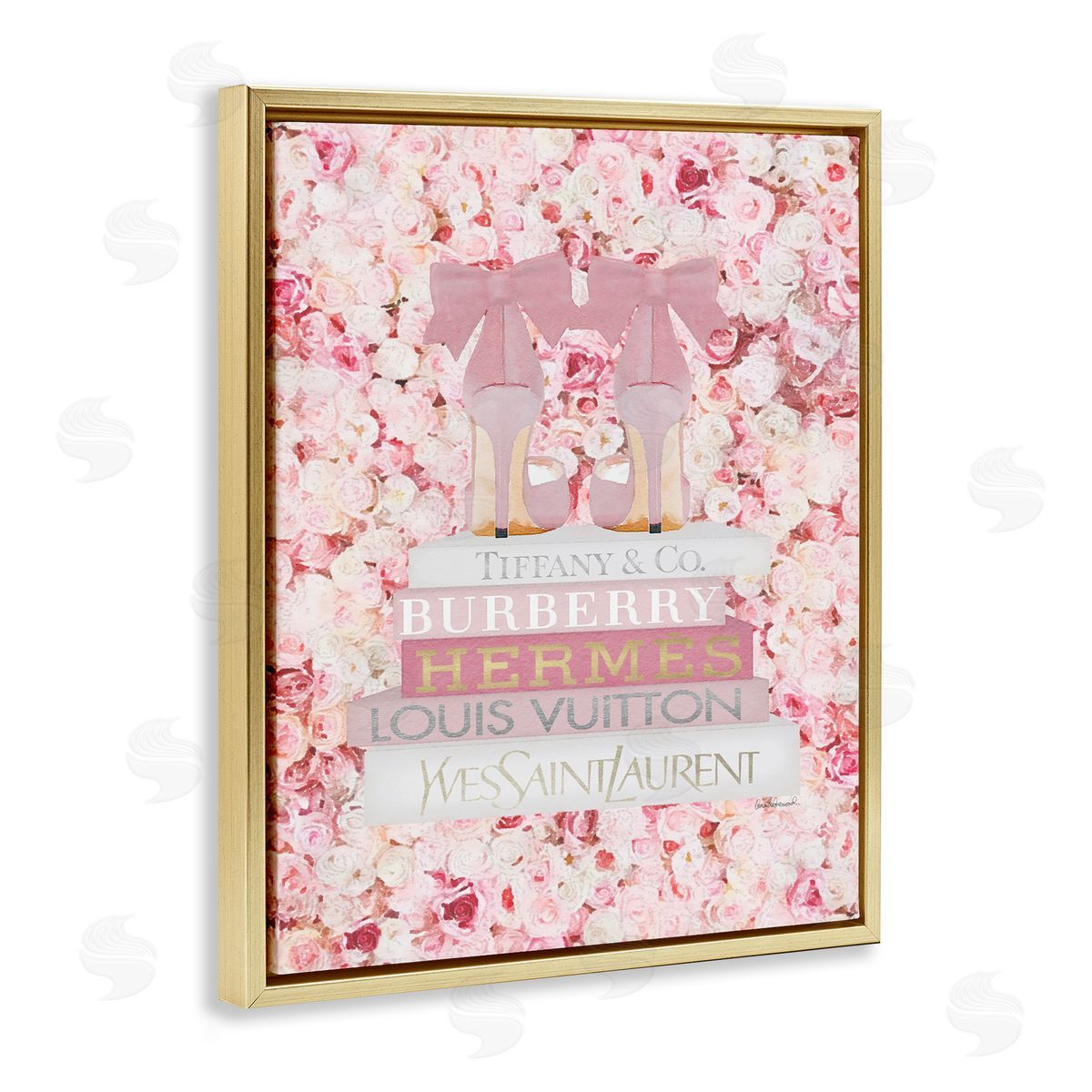 Pink Heel Bookstack over Roses Gold Floating Frame Canvas Wall Art, Home Decor by Amanda Greenwood