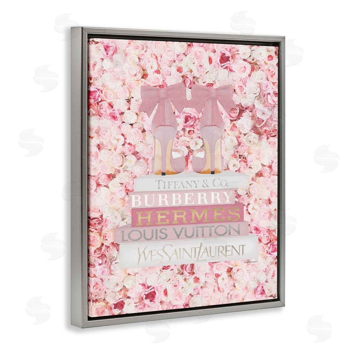 Pink Heel Bookstack over Roses Grey Floating Frame Canvas Wall Art, Home Decor by Amanda Greenwood