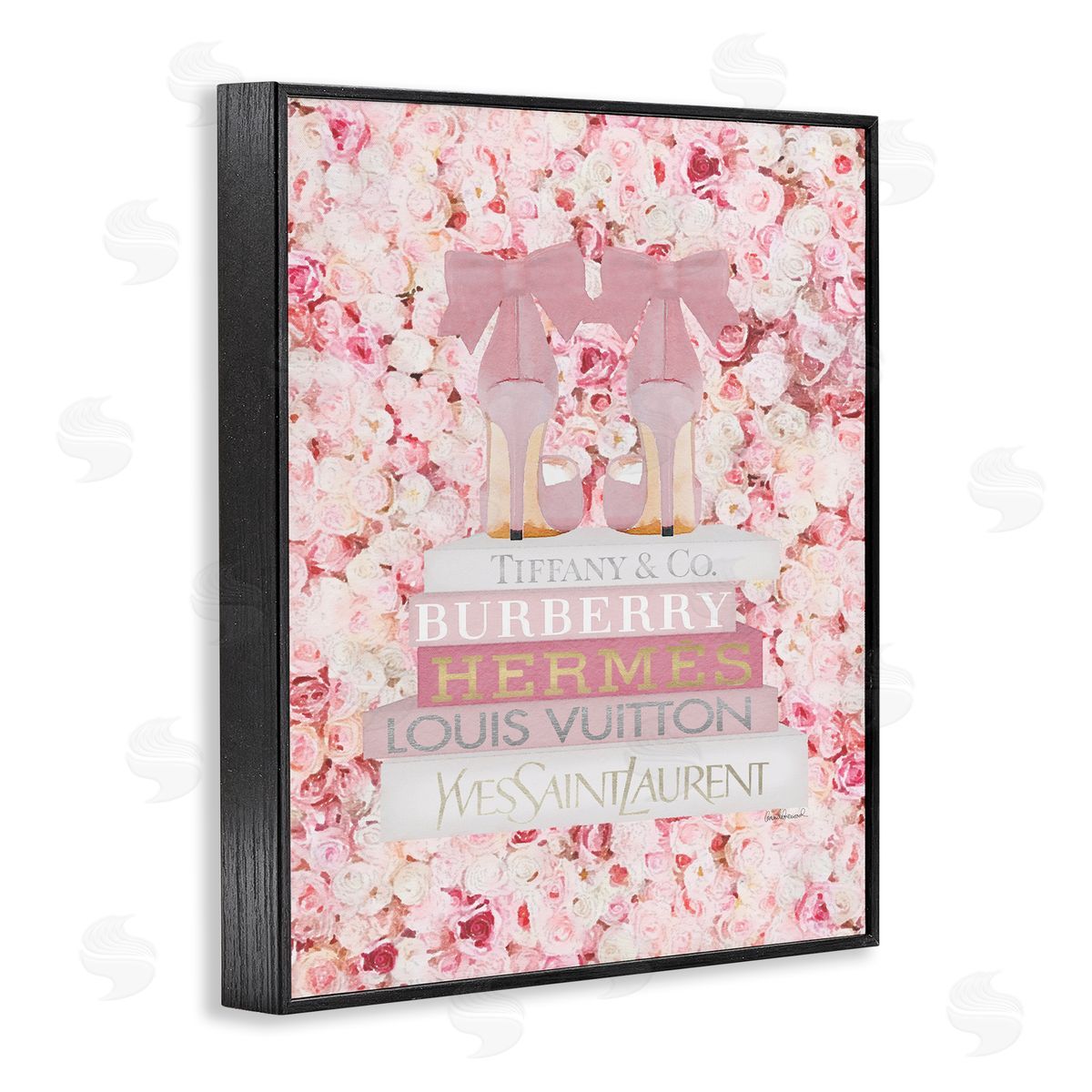 Pink Heel Bookstack over Roses Black Frame Print Wall Art, Home Decor by Amanda Greenwood