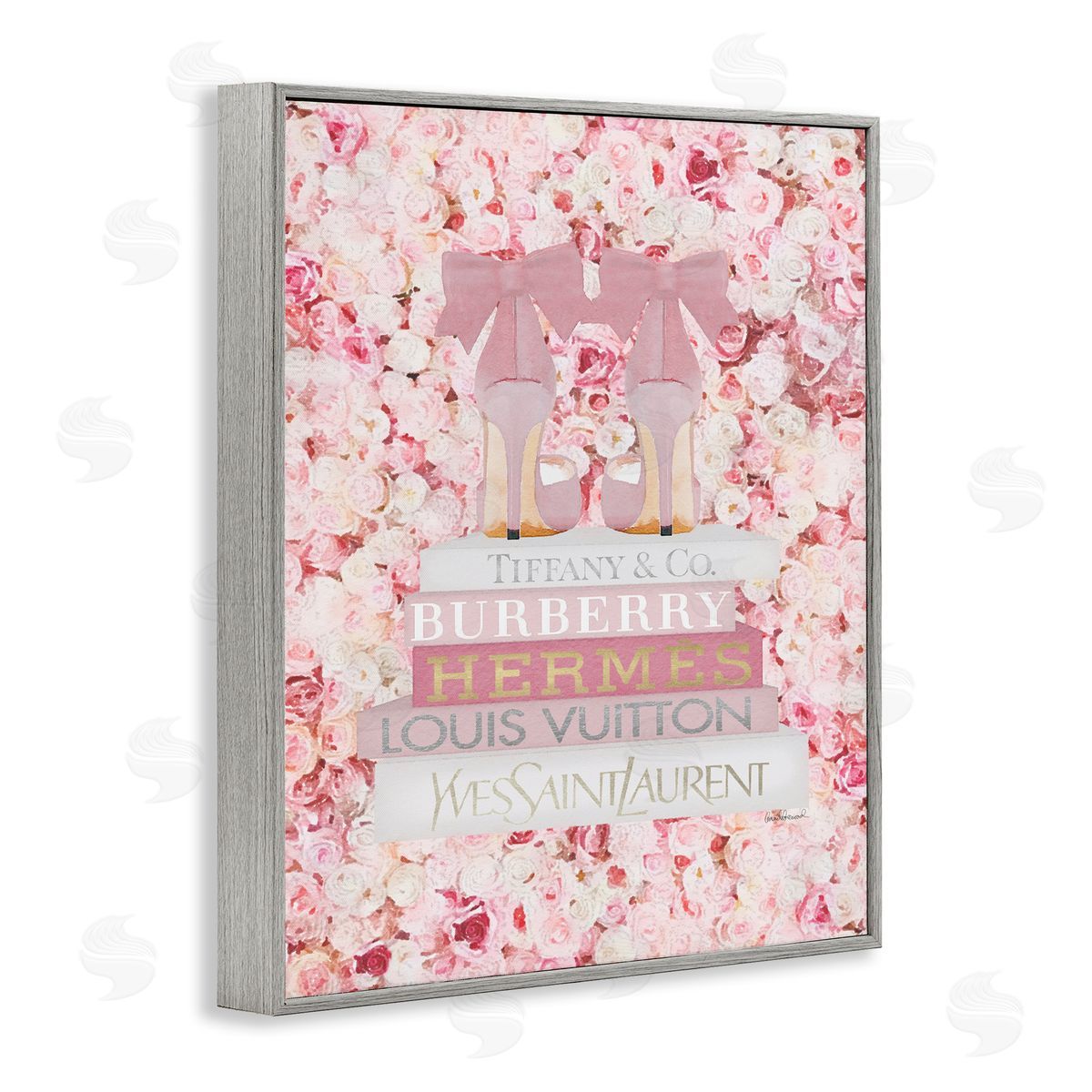Pink Heel Bookstack over Roses Grey Frame Print Wall Art, Home Decor by Amanda Greenwood