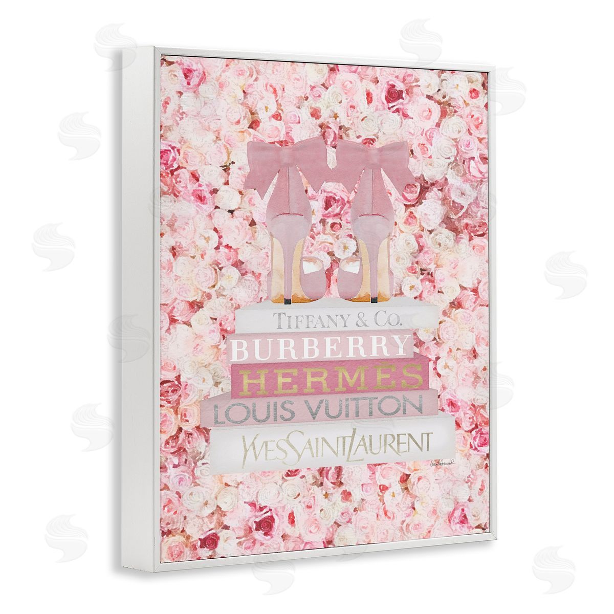 Pink Heel Bookstack over Roses White Frame Print Wall Art, Home Decor by Amanda Greenwood
