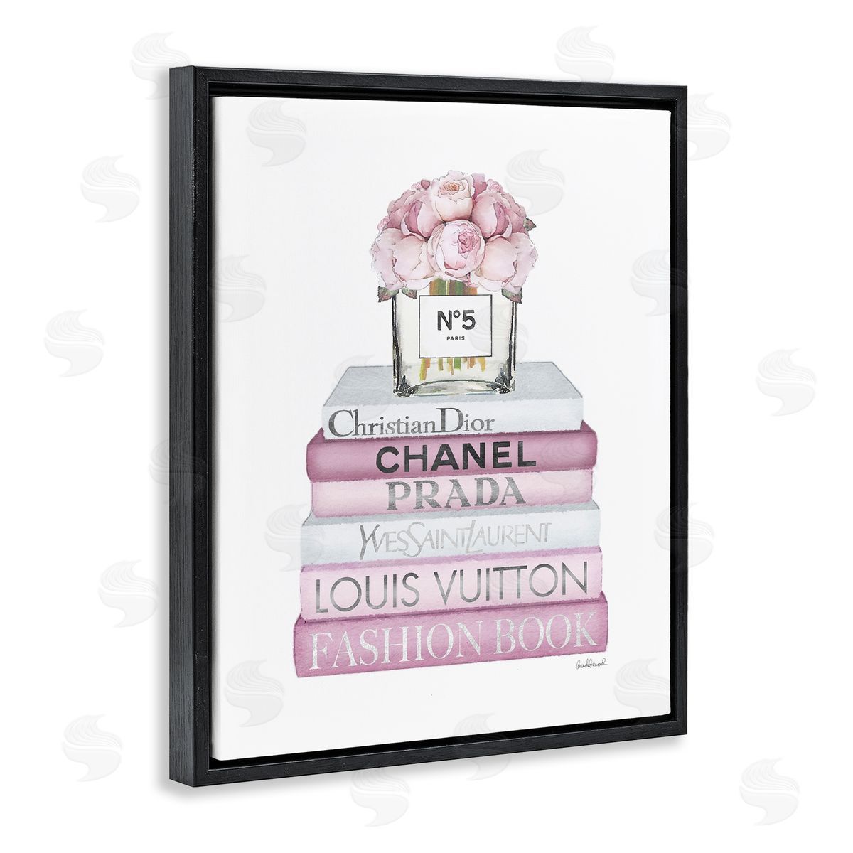 Soft Pink Rose Bookstack Black Floating Frame Canvas Wall Art, Home Decor by Amanda Greenwood