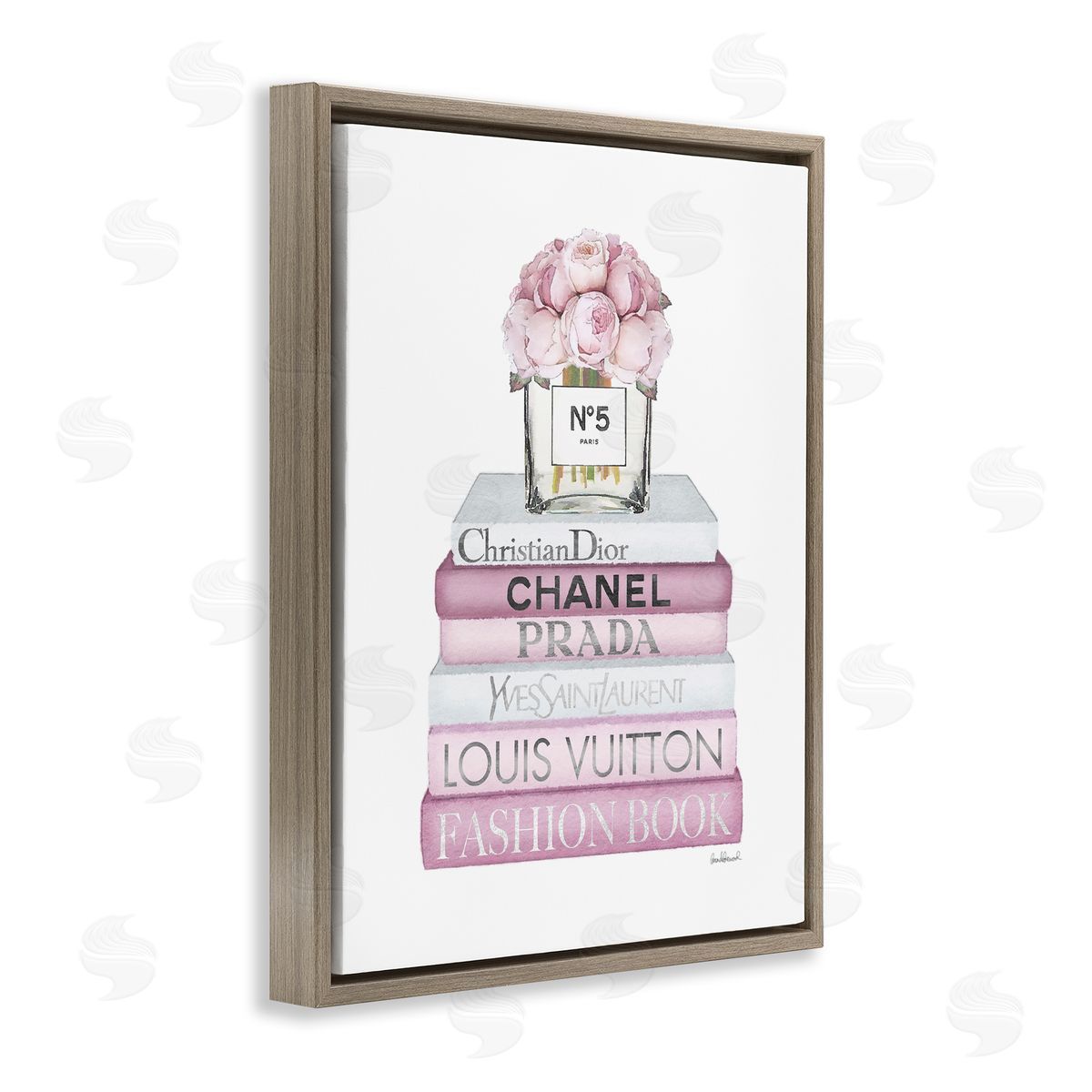Soft Pink Rose Bookstack Brown Floating Frame Canvas Wall Art, Home Decor by Amanda Greenwood
